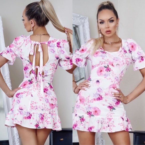 Floral Short Sleeve Open Back Frill Hem Mini Dress - Picture 1 of 5